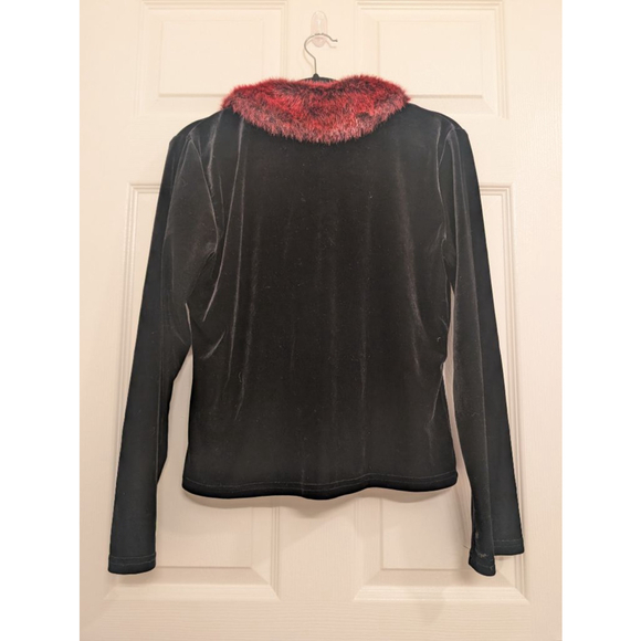 Y2K Whimsigoth Black Velvet Cardigan Jacket | Red Fur Collar Gothic Coquette L - Picture 5 of 8